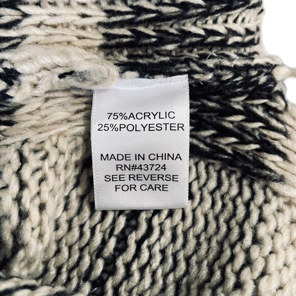 Linda Anderson Black Ivory Striped Knit Fringe Poncho Sweater One Size Cozy - Picture 4 of 9